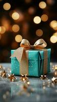 fröhlich Freude Weihnachten Geschenk Box steht aus auf Türkis Bokeh Hintergrund. Vertikale Handy, Mobiltelefon Hintergrund ai generiert foto