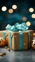 fröhlich Freude Weihnachten Geschenk Box steht aus auf Türkis Bokeh Hintergrund. Vertikale Handy, Mobiltelefon Hintergrund ai generiert foto