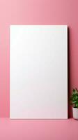 minimalistisch Anmut leer Weiß Karte auf Pastell- Rosa, warten Ihre herzlich Wörter. Vertikale Handy, Mobiltelefon Hintergrund ai generiert foto