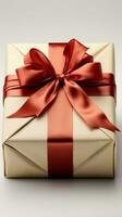 eigenständige Eleganz Jahrgang Geschenk Box geschmückt mit rot Band Bogen auf Weiß. Vertikale Handy, Mobiltelefon Hintergrund ai generiert foto