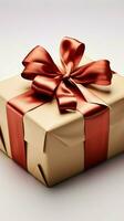eigenständige Eleganz Jahrgang Geschenk Box geschmückt mit rot Band Bogen auf Weiß. Vertikale Handy, Mobiltelefon Hintergrund ai generiert foto
