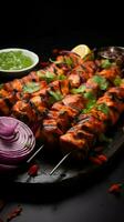 aromatisch Charmeure indisch Hähnchen Tikka Kebabs, geröstet, begleitet durch Chutney und Zwiebeln Vertikale Handy, Mobiltelefon Hintergrund ai generiert foto