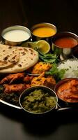 aromatisch Teller Hähnchen Thali mit gebraten Huhn, Ei Curry, Linsen, Biryani, Roti, und Zwiebeln Vertikale Handy, Mobiltelefon Hintergrund ai generiert foto