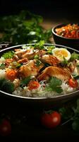 nahrhaft mischen Reis, zärtlich Huhn, und sortiert Gemüse erstellen ein herrlich Schüssel Vertikale Handy, Mobiltelefon Hintergrund ai generiert foto