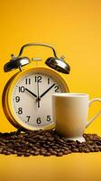 Alarm Uhr, Papier Tasse, und Kaffee Bohnen auf isoliert Gelb Hintergrund Komposition. Vertikale Handy, Mobiltelefon Hintergrund ai generiert foto