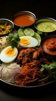 gesund Verbreitung Hähnchen Thali beinhaltet gebraten Huhn, Ei Curry, Linsen, Biryani, Roti, und Zwiebeln Vertikale Handy, Mobiltelefon Hintergrund ai generiert foto