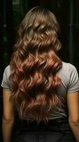 zurück Aussicht Frauen Haar Transformation vorher Nachher mit scheinen, Volumen, und gesund Textur. Vertikale Handy, Mobiltelefon Hintergrund ai generiert foto