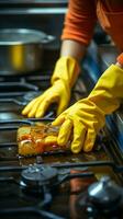 Nahansicht oben Aussicht Frauen behandschuhte Hand reinigt schmutzig Herd Post Kochen, Umarmen Hausarbeit Vertikale Handy, Mobiltelefon Hintergrund ai generiert foto