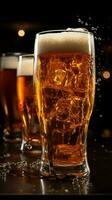 getippt Glas begrüßt dunkel Bier, Brausetabletten Schaum ankündigend das alkoholisch gießen Vertikale Handy, Mobiltelefon Hintergrund ai generiert foto