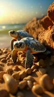 Schraffur auf das Strand Baby Schildkröten brechen frei, beginnend ihr Küsten Reise. Vertikale Handy, Mobiltelefon Hintergrund ai generiert foto