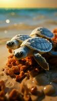 Schraffur auf das Strand Baby Schildkröten brechen frei, beginnend ihr Küsten Reise. Vertikale Handy, Mobiltelefon Hintergrund ai generiert foto