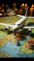 Miniatur Abenteuer Spielzeug Flugzeug, Kompass auf Karte mit abstrakt Hintergrund, Funken Reise Konzept. Vertikale Handy, Mobiltelefon Hintergrund ai generiert foto