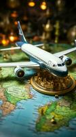 Miniatur Abenteuer Spielzeug Flugzeug, Kompass auf Karte mit abstrakt Hintergrund, Funken Reise Konzept. Vertikale Handy, Mobiltelefon Hintergrund ai generiert foto