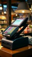 betriebsbereit pos Terminal im das Geschäft, bereit zum effizient Transaktion wird bearbeitet. Vertikale Handy, Mobiltelefon Hintergrund ai generiert foto