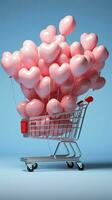 Herz Luftballons Aufzug ein Einkaufen Wagen, Erstellen ein wunderlich, in der Luft Einkaufen Erfahrung. Vertikale Handy, Mobiltelefon Hintergrund ai generiert foto