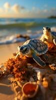 sandig Ufer bezeugt Baby Schildkröten Schraffur, einschiffen auf ihr Strand Abenteuer. Vertikale Handy, Mobiltelefon Hintergrund ai generiert foto