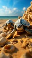 sandig Ufer bezeugt Baby Schildkröten Schraffur, einschiffen auf ihr Strand Abenteuer. Vertikale Handy, Mobiltelefon Hintergrund ai generiert foto