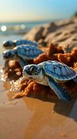 Strand Magie Baby Schildkröten Luke, Anfang ihr bemerkenswert Leben Reise durch das Ozean. Vertikale Handy, Mobiltelefon Hintergrund ai generiert foto