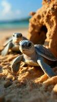 Strand Schauspiel Baby Schildkröten entstehenden von ihr Muscheln, Schraffur auf sandig Strand. Vertikale Handy, Mobiltelefon Hintergrund ai generiert foto