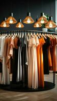 Kleidung Laden Kleiderbügel Ausstellungsstück modern Mode, Hervorheben das Boutiquen stilvoll Ambiente. Vertikale Handy, Mobiltelefon Hintergrund ai generiert foto