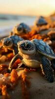 Küsten Wunder Strand Schraffur enthüllt Baby Schildkröten wie Sie Start ozeanisch Erkundung. Vertikale Handy, Mobiltelefon Hintergrund ai generiert foto