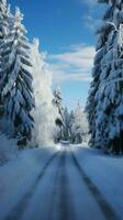 zauberhaft Szene schneebedeckt Straße Winde inmitten schneebedeckt Tanne Bäume, Erstellen malerisch Schönheit. Vertikale Handy, Mobiltelefon Hintergrund ai generiert foto