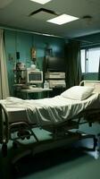ein unbesetzt Krankenhaus Zimmer enthält ein einsam Bett, leer von Mensch Gegenwart. Vertikale Handy, Mobiltelefon Hintergrund ai generiert foto
