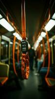 Perspektive auf Sicherheit verschwommen Hand hält U-Bahn Gurt, gewährleisten sichern Öffentlichkeit Transport. Vertikale Handy, Mobiltelefon Hintergrund ai generiert foto