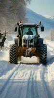 nach dem Schneesturm Szene Traktor löscht Straße, Enthüllung es ist Pfad von das kürzlich Schneefall. Vertikale Handy, Mobiltelefon Hintergrund ai generiert foto