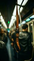 selektiv Fokus auf Griff verschwommen Hand sichert Gurt, gewährleisten Sicherheit im U-Bahn Reise. Vertikale Handy, Mobiltelefon Hintergrund ai generiert foto