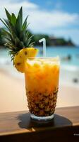 Schluck von Paradies frisch Ananas trinken im Hand, mit Blick auf ein schön Strand Vertikale Handy, Mobiltelefon Hintergrund ai generiert foto