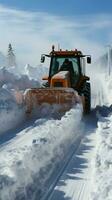 Traktor und Bagger Arbeit im Tandem Clearing Straßen und Reinigung Straßen von Schnee. Vertikale Handy, Mobiltelefon Hintergrund ai generiert foto