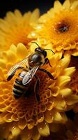 beschäftigt Bienen Ernte Sonnenblume Nektar, umhüllt im golden Pollen ein beschwingt Synergie Vertikale Handy, Mobiltelefon Hintergrund ai generiert foto