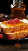 schließen oben golden Toast geschmückt mit üppig hausgemacht Marmelade ein herrlich Morgen Genuss Vertikale Handy, Mobiltelefon Hintergrund ai generiert foto