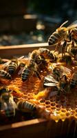 Nahansicht Imker mit Bienenwabe rahmen, Bienen basteln Flüssigkeit Gold, ein symbiotisch tanzen Vertikale Handy, Mobiltelefon Hintergrund ai generiert foto