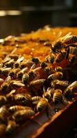 Nahansicht Imker mit Bienenwabe rahmen, Bienen basteln Flüssigkeit Gold, ein symbiotisch tanzen Vertikale Handy, Mobiltelefon Hintergrund ai generiert foto