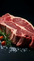 detailliert Aussicht roh t Knochen Rindfleisch Steak ruhen auf ein Reich Marine Blau Oberfläche Vertikale Handy, Mobiltelefon Hintergrund ai generiert foto