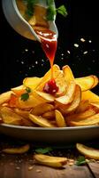 herrlich Kombination Kartoffel Chips stürzen in ein Schüssel mit hausgemacht Tomate Ketchup Vertikale Handy, Mobiltelefon Hintergrund ai generiert foto