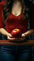 anonym Frau Maße Gewicht, Apfel im ihr fassen, priorisieren Gesundheit und Fitness Vertikale Handy, Mobiltelefon Hintergrund ai generiert foto