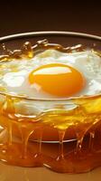 Glas Schüssel Wiegen gebraten Ei, geküsst durch Honig, auf ein beschwingt Gelb Segeltuch Vertikale Handy, Mobiltelefon Hintergrund ai generiert foto