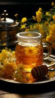 Kräuter- Tee Tasse, geschmückt mit Blumen, gepaart mit Honig Krug Naturen still Mischung Vertikale Handy, Mobiltelefon Hintergrund ai generiert foto
