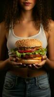 ungesund Essen Konzept Frauen Verbindung zu fettig Burger, Hand auf Magen, grau Hintergrund Vertikale Handy, Mobiltelefon Hintergrund ai generiert foto