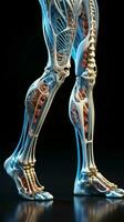 lebendig 3d Modell- von männlich Anatomie Fokussierung auf Knie und Knöchel Skelett- Strukturen Vertikale Handy, Mobiltelefon Hintergrund ai generiert foto
