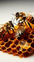 Biene Schwarm umhüllt Bienenwabe, Stark gegen ein makellos Weiß Hintergrund ein fesselnd Sicht Vertikale Handy, Mobiltelefon Hintergrund ai generiert foto