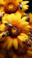 Bienen versammeln Sonnenblume Nektar, abgestaubt im Gelb Pollen, ein Bestäubung Wunder Vertikale Handy, Mobiltelefon Hintergrund ai generiert foto