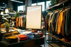 Kleidung Geschäft rühmt sich ein vielfältig Sammlung von modisch Kleidung zum Käufer ai generiert foto