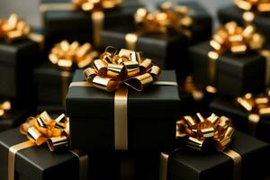 Geschenk Kisten gekleidet im golden Bänder, ein Vorderseite Aussicht zum schwarz Freitag ai generiert foto