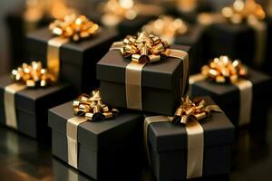 golden Bänder Anmut schwarz Freitag Geschenk Kisten, präsentiert von das Vorderseite ai generiert foto