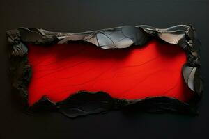 rot Papier taucht auf durch ein zerrissen Abgrund im ein schwarz abstrakt Segeltuch ai generiert foto