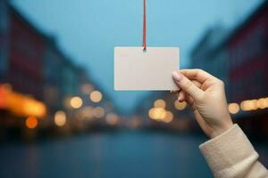 ein weiblich Hand hält ein leer Etikett gegen ein leise verschwommen Hintergrund ai generiert foto